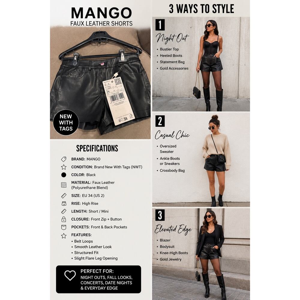 MANGO Black Faux Leather Shorts – Size 2 (EU 34) NWT